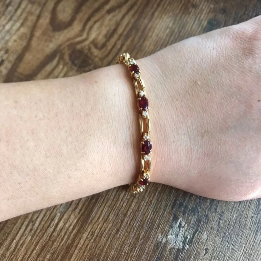 Gold over sterling 925 genuine diamond and garnet tennis bracelet. Like new. - Picture 2 of 13